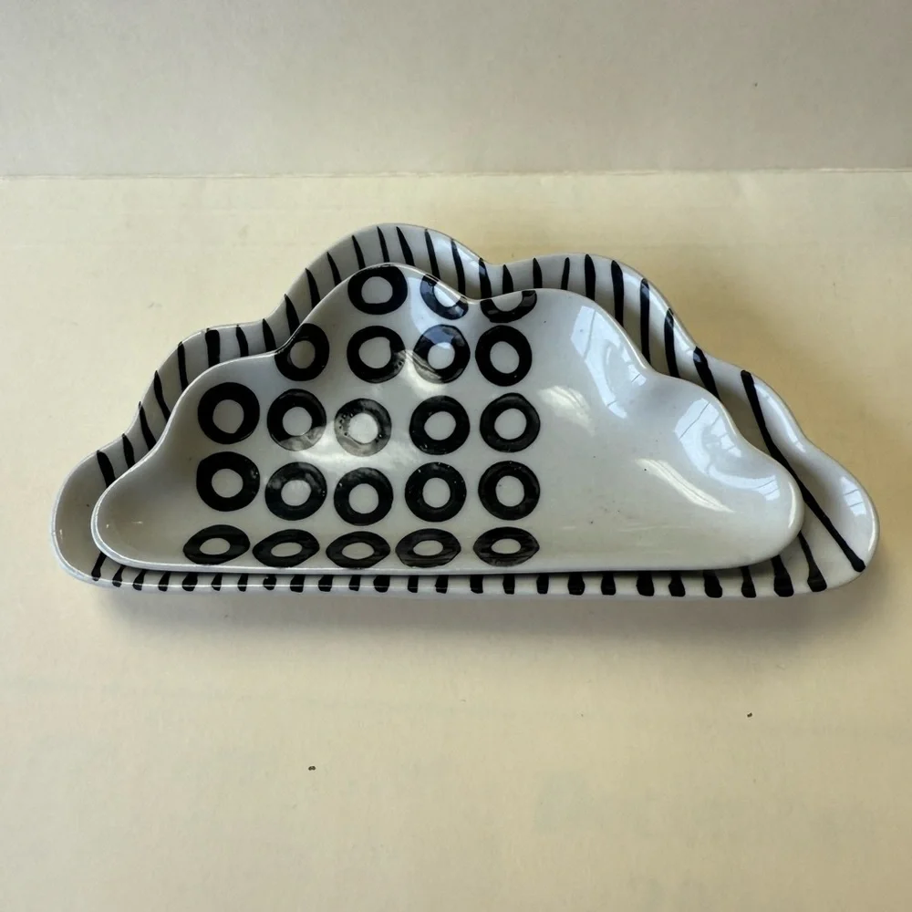 2 West Elm Cloud Ceramic Trinket Dishes in Black & White Geometric Designs.